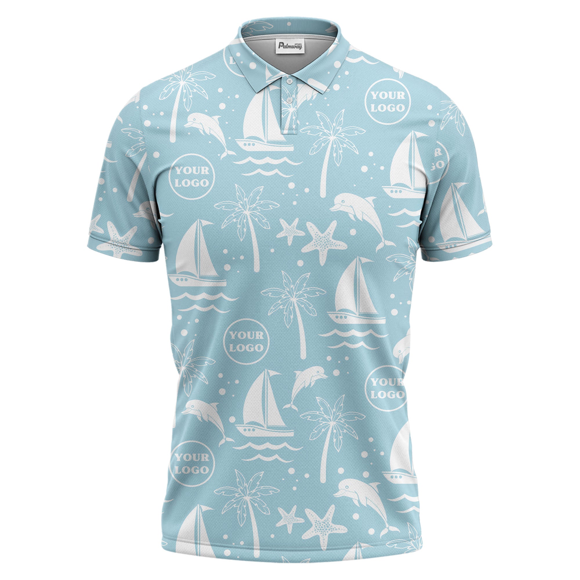 sailboats dolphins palm trees starfish repeat pattern black white polo shirt