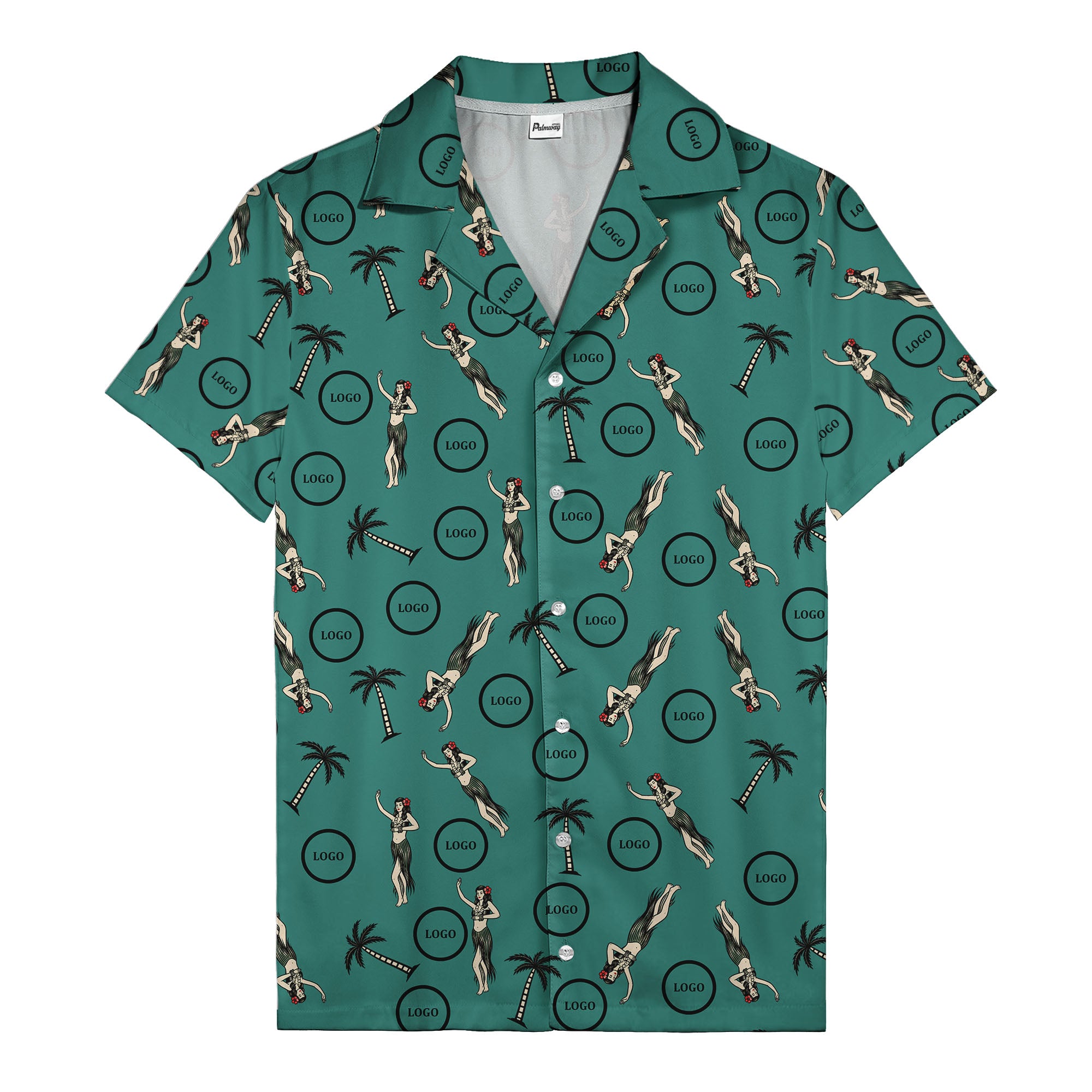 vintage hula dancers palm trees circular logo black hawaiian shirt for men