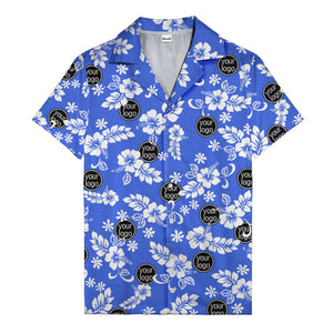 watercolor hibiscus blooms & custom logo navy blue hawaiian shirt