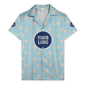 art deco crane silhouette logo beige navy hawaiian shirt