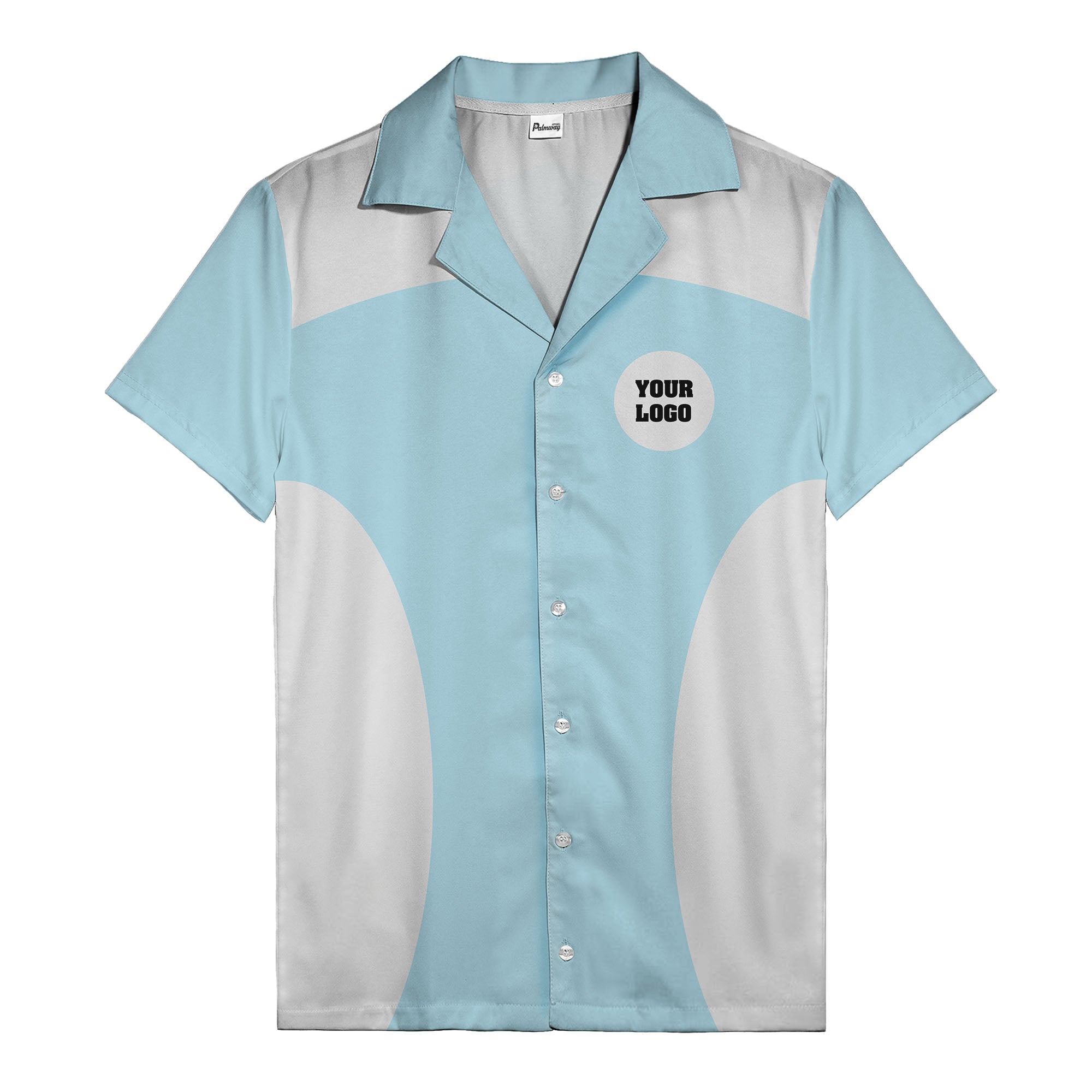 black silver geometric bowling hawaiian shirt with custom logo patch