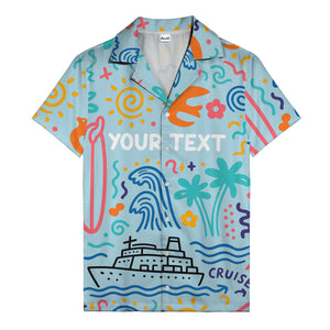 cartoon cruise ship palm trees surfboards wave hawaiian shirt