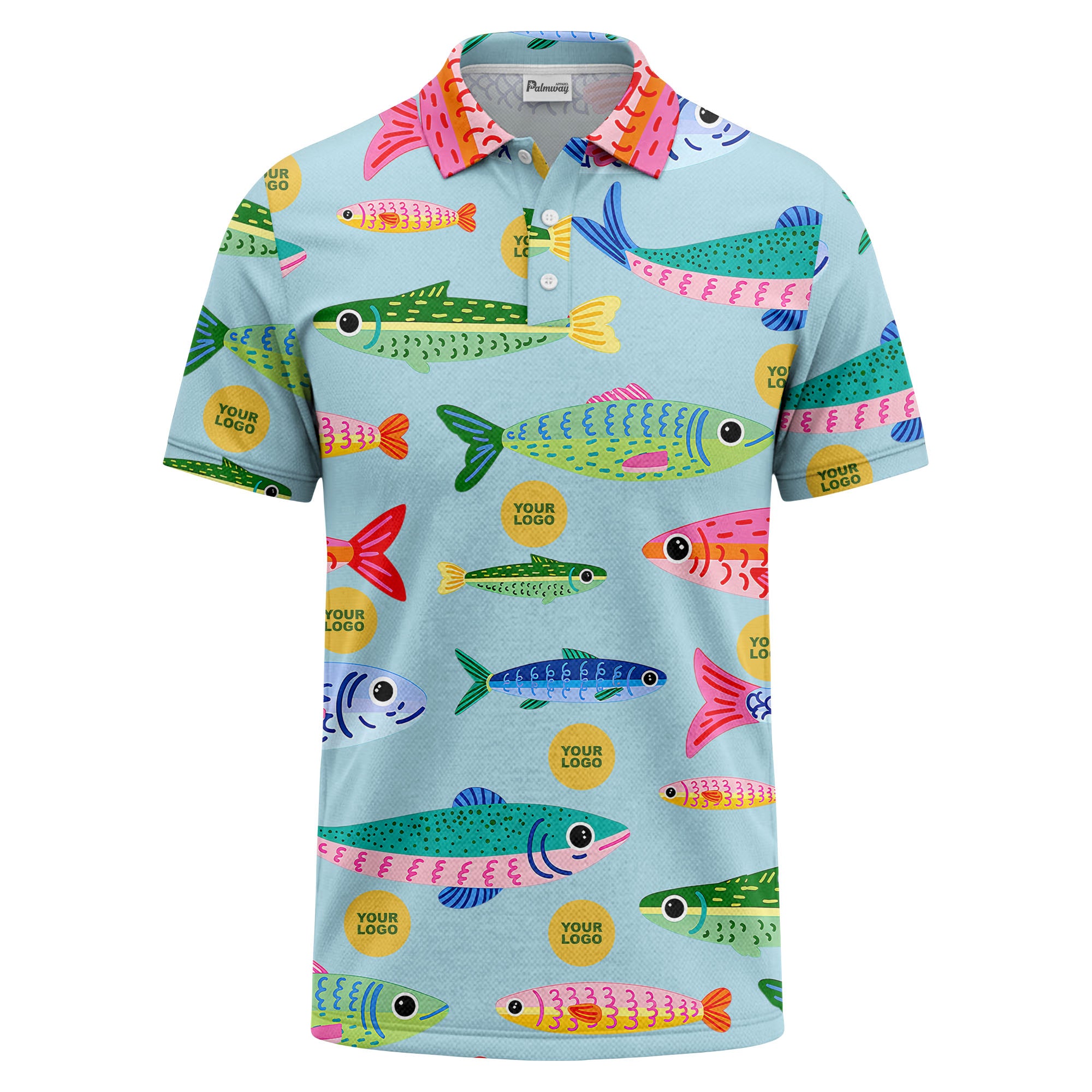 colorful cartoon fish & custom logo repeat all-over print polo shirt