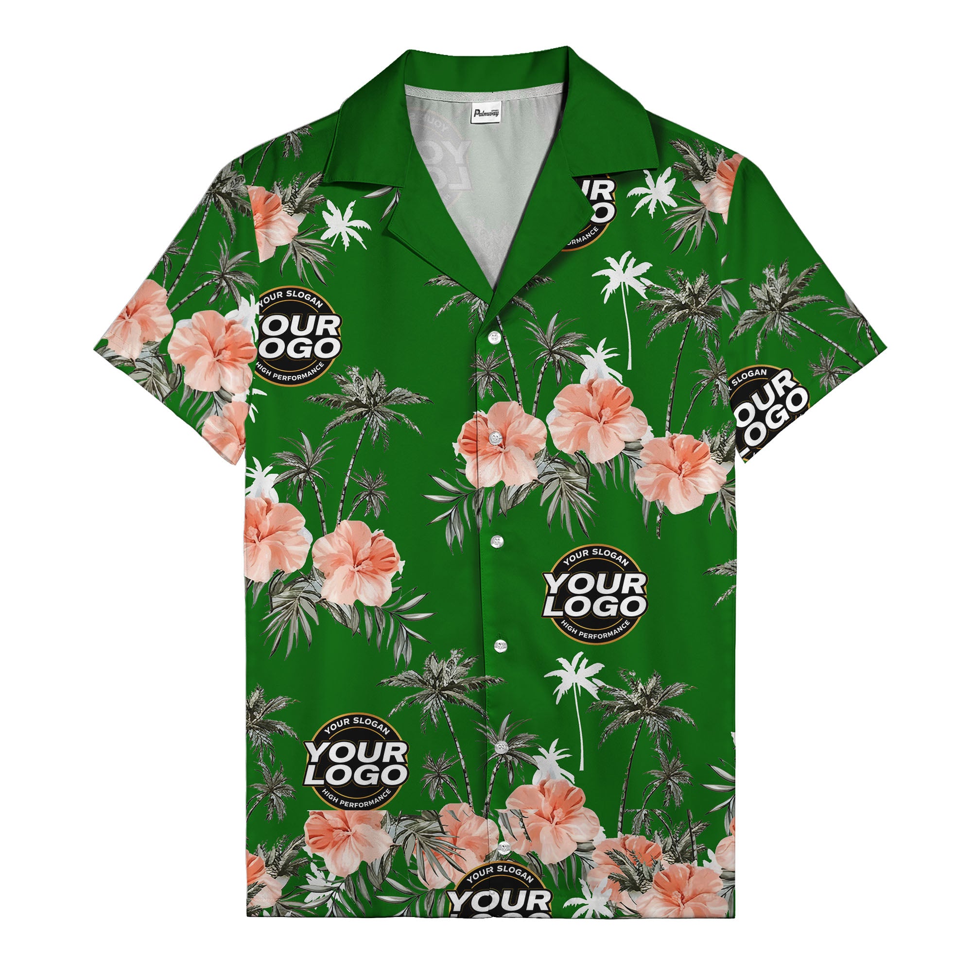 coral pink hibiscus & palm trees on black hawaiian shirt for men