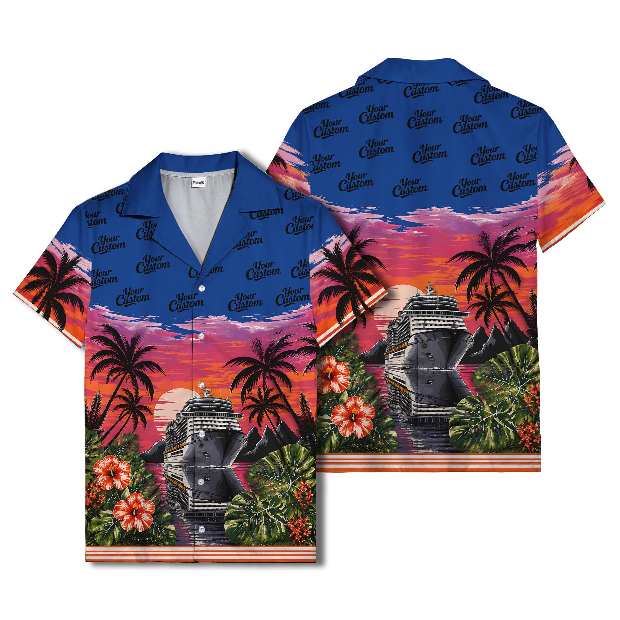 cruise ship sunset palm trees hibiscus flowers hawaiian shirt for men