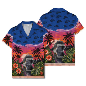 cruise ship sunset palm trees hibiscus flowers hawaiian shirt for men