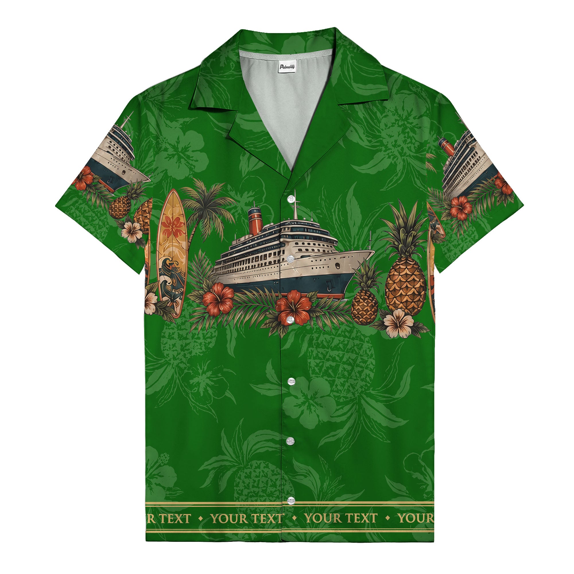 cruise ship surfboard pineapple palm hibiscus hawaiian shirt