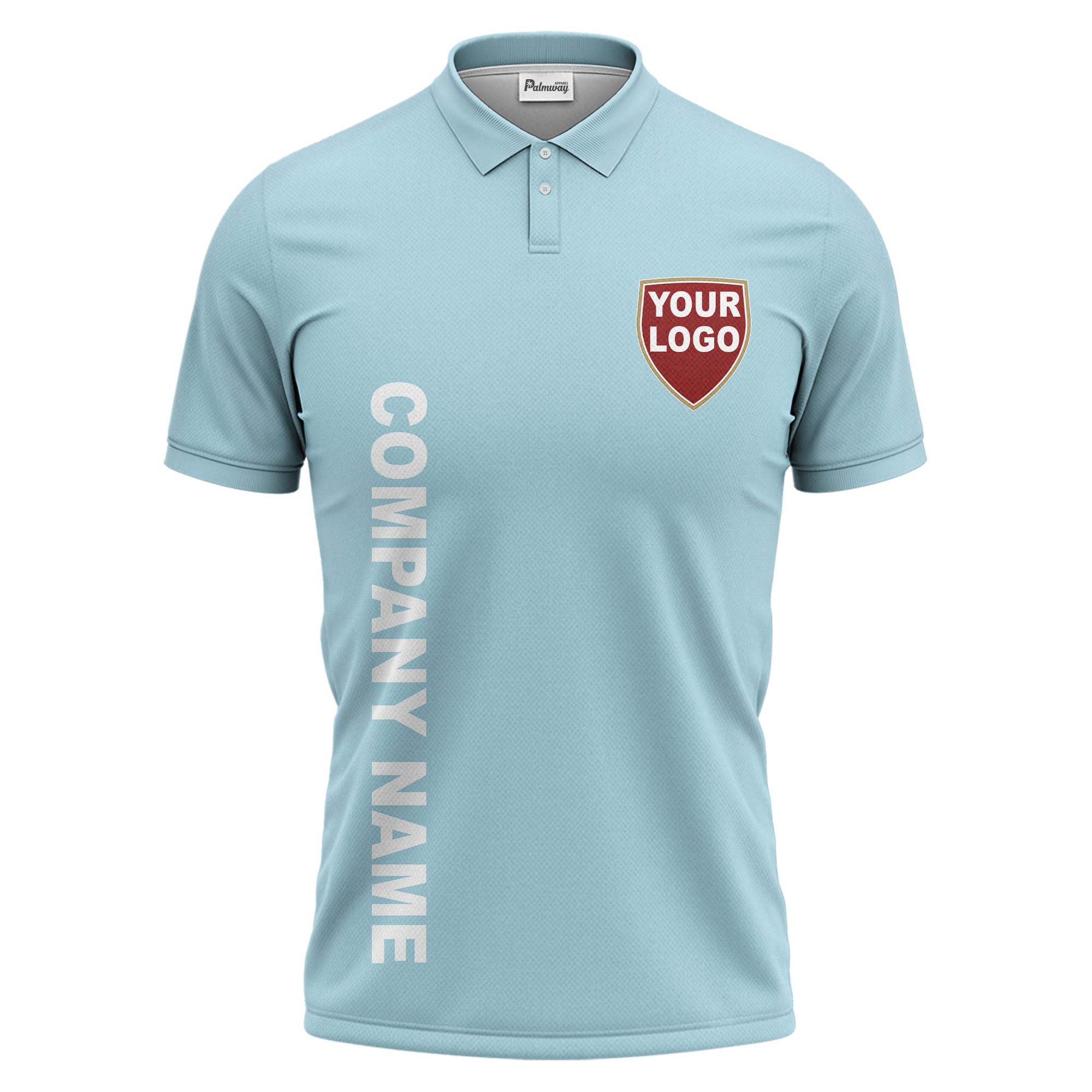 custom shield logo vertical text corporate branded polo shirt