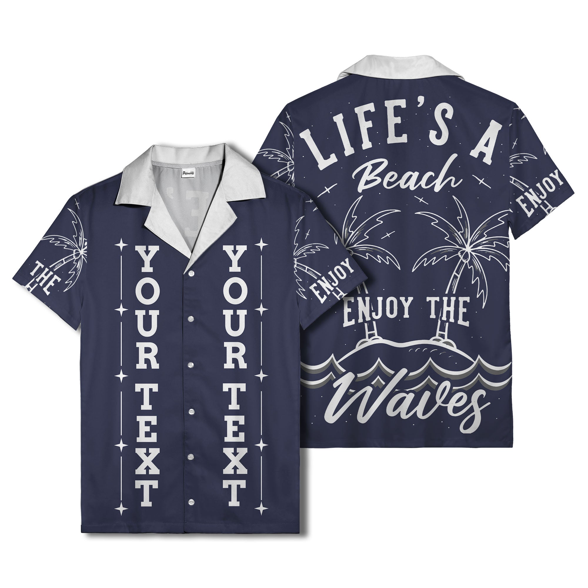 customizable text palm trees & stars graphic hawaiian shirt for men