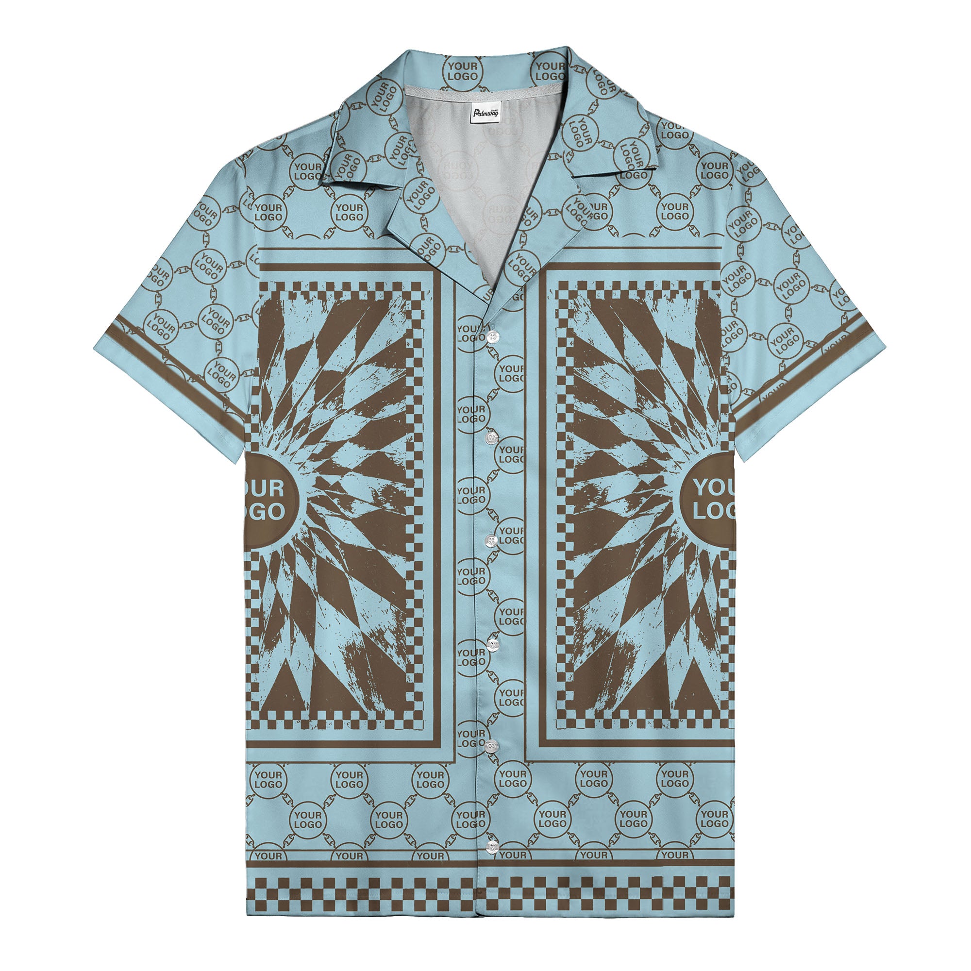 geometric palm leaves checkerboard border hawaiian shirt for men