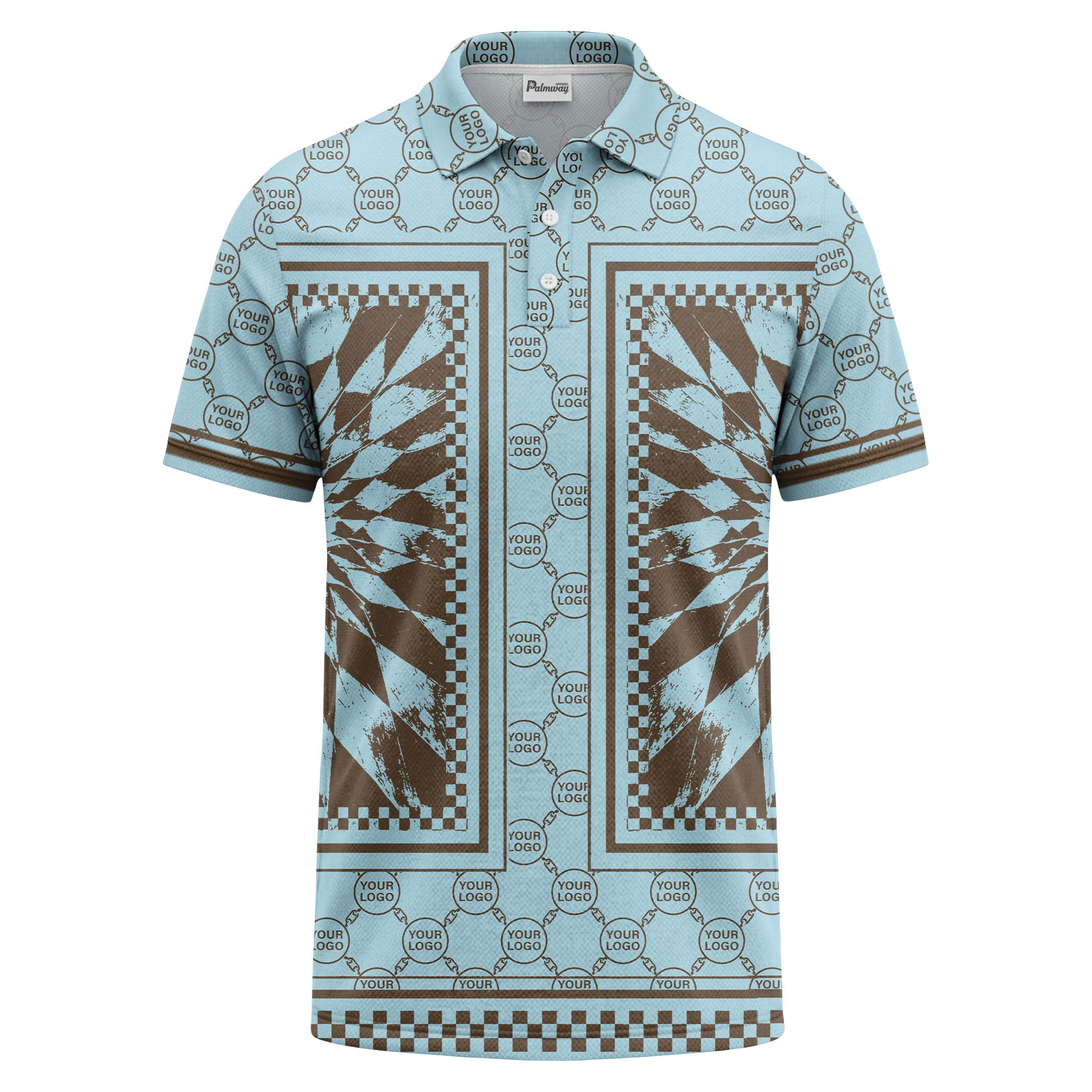 geometric palm leaves checkerboard border polo shirt