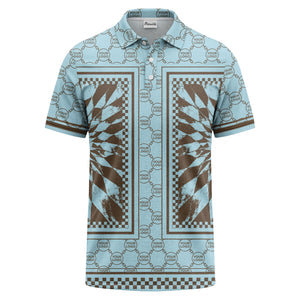 geometric palm leaves checkerboard border polo shirt