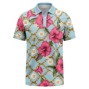 gold chain & pink hibiscus luxury illustrated polo shirt for men