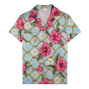 gold chain & pink hibiscus watercolor hawaiian shirt for men