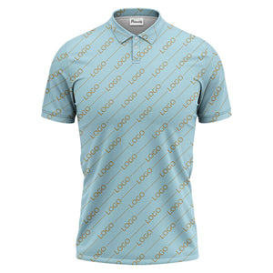 gold custom logo repeat pattern on black luxury minimalist polo shirt