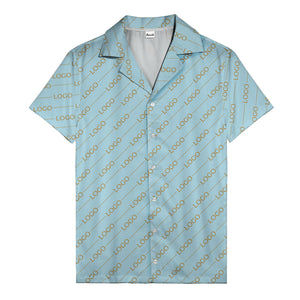 gold diagonal logo repeat pattern on black hawaiian shirt for men