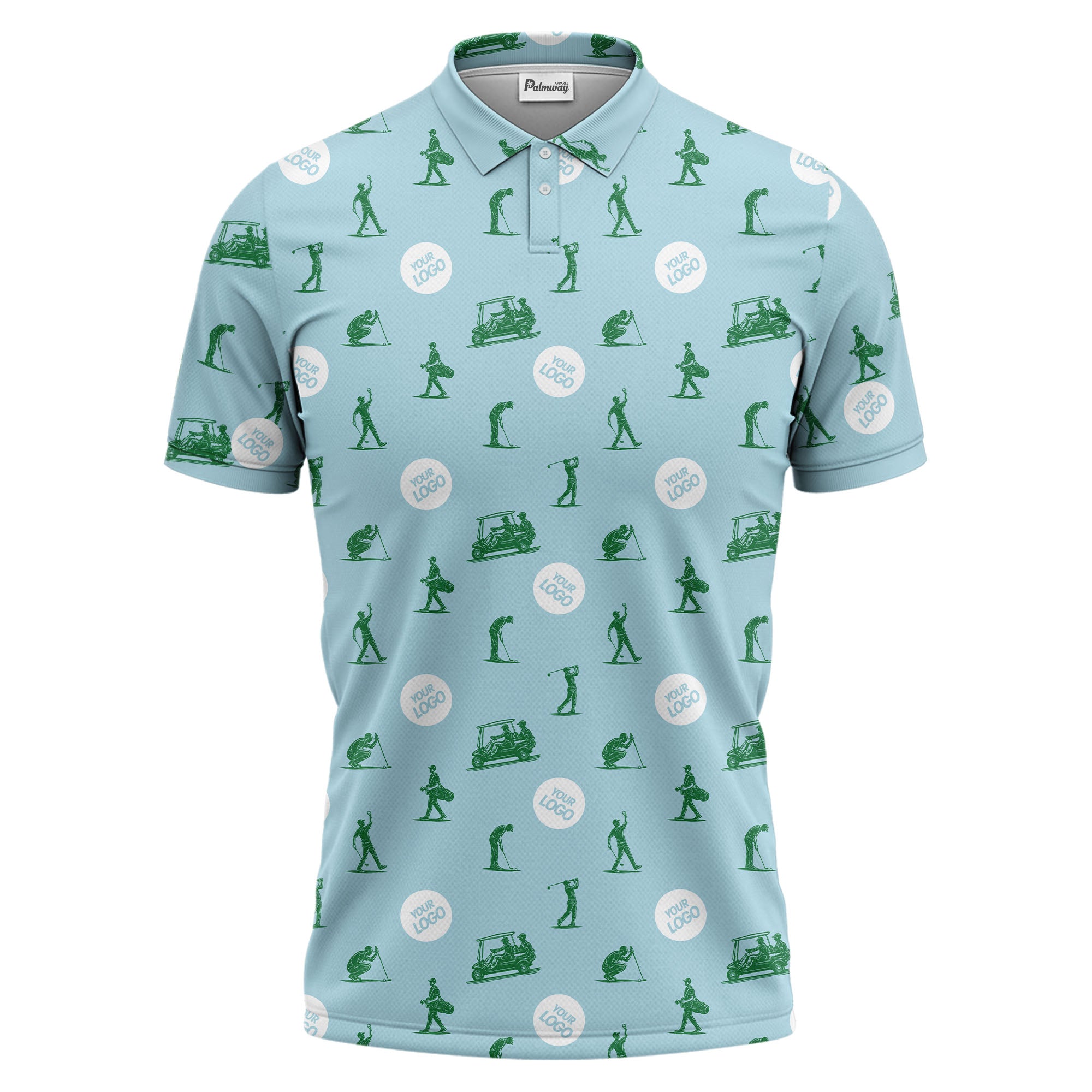 illustrated golfers golf carts repeating on green polo shirt for weekend fairway fun