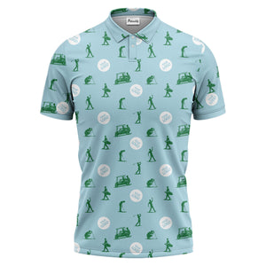 illustrated golfers golf carts repeating on green polo shirt for weekend fairway fun