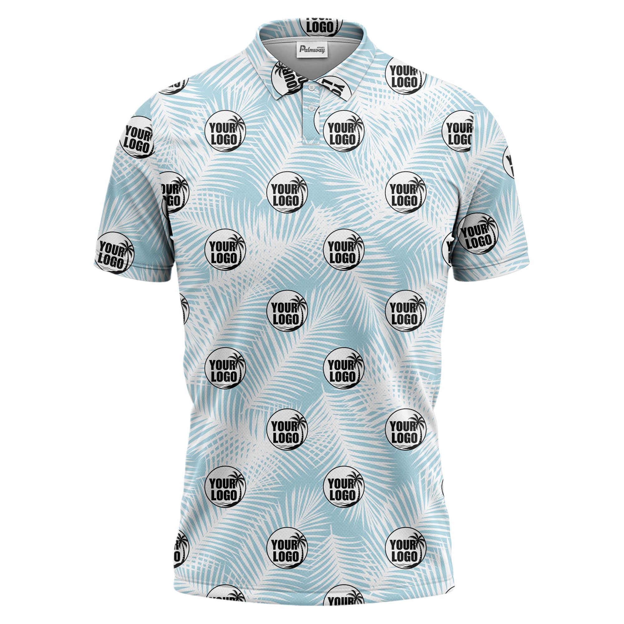 illustrated palm leaf logo repeating tropical polo shirt for men