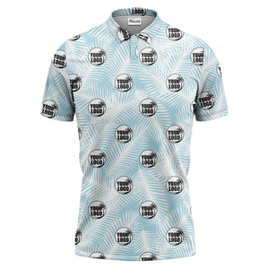 illustrated palm leaf logo repeating tropical polo shirt for men