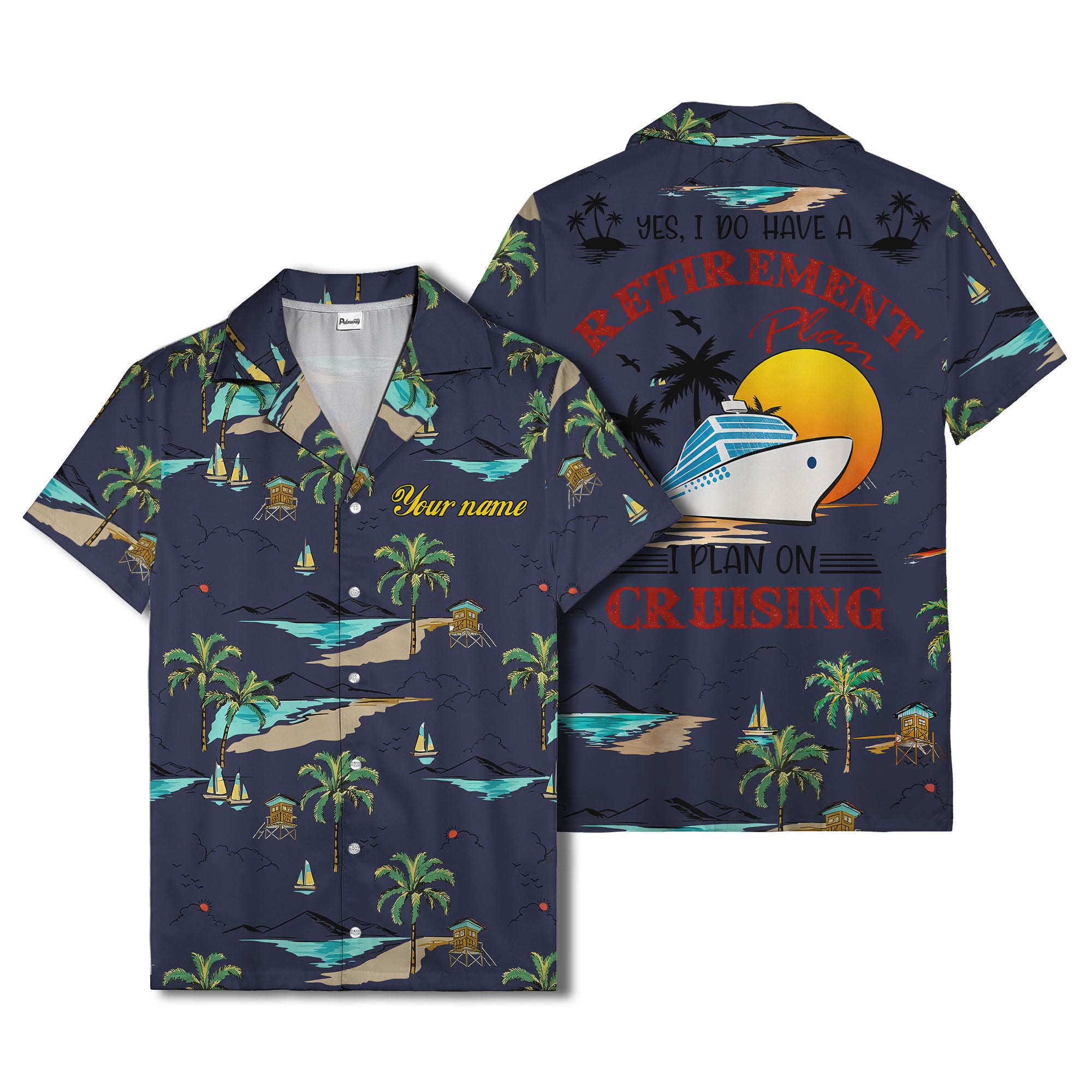 island paradise palm trees & sailboats sunset hawaiian shirt