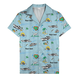 luxury yacht & heart-shaped island cartoon hawaiian shirt