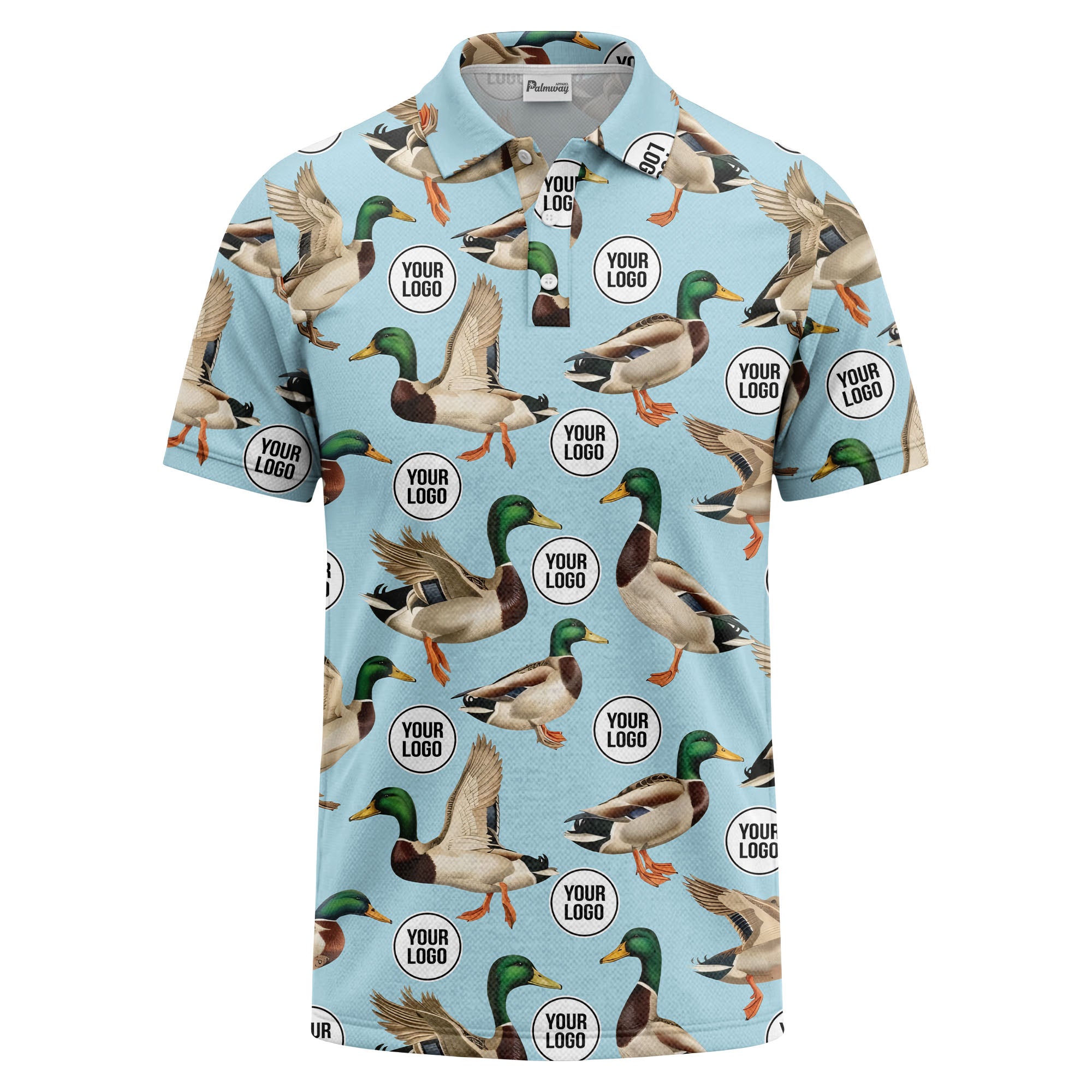 mallard duck flock & custom logo repeat photorealistic polo shirt