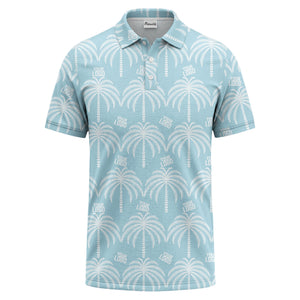 monochrome palm tree logo repeat hawaiian graphic polo shirt