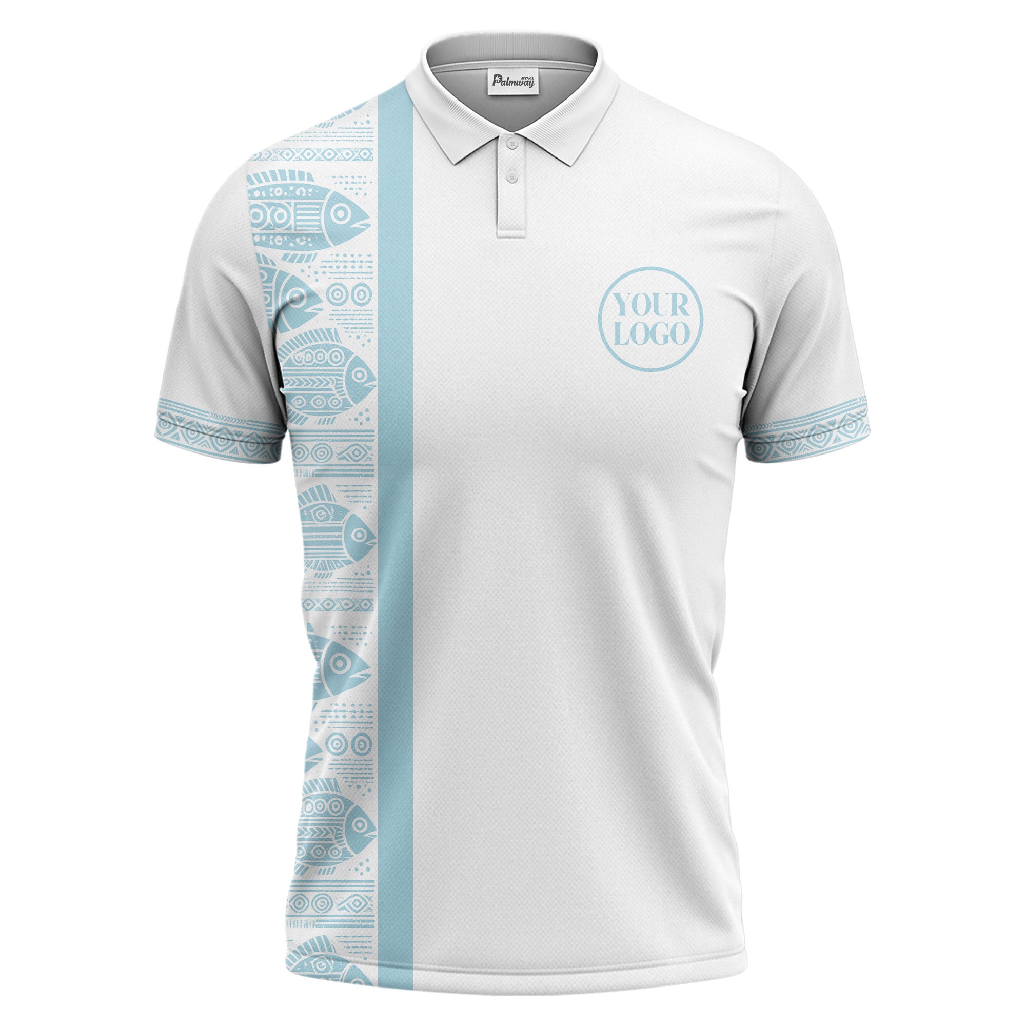 monochrome tribal fish & geometric borders patterned polo shirt for men