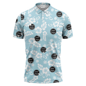 navy blue watercolor hibiscus & custom logo repeat pattern polo shirt