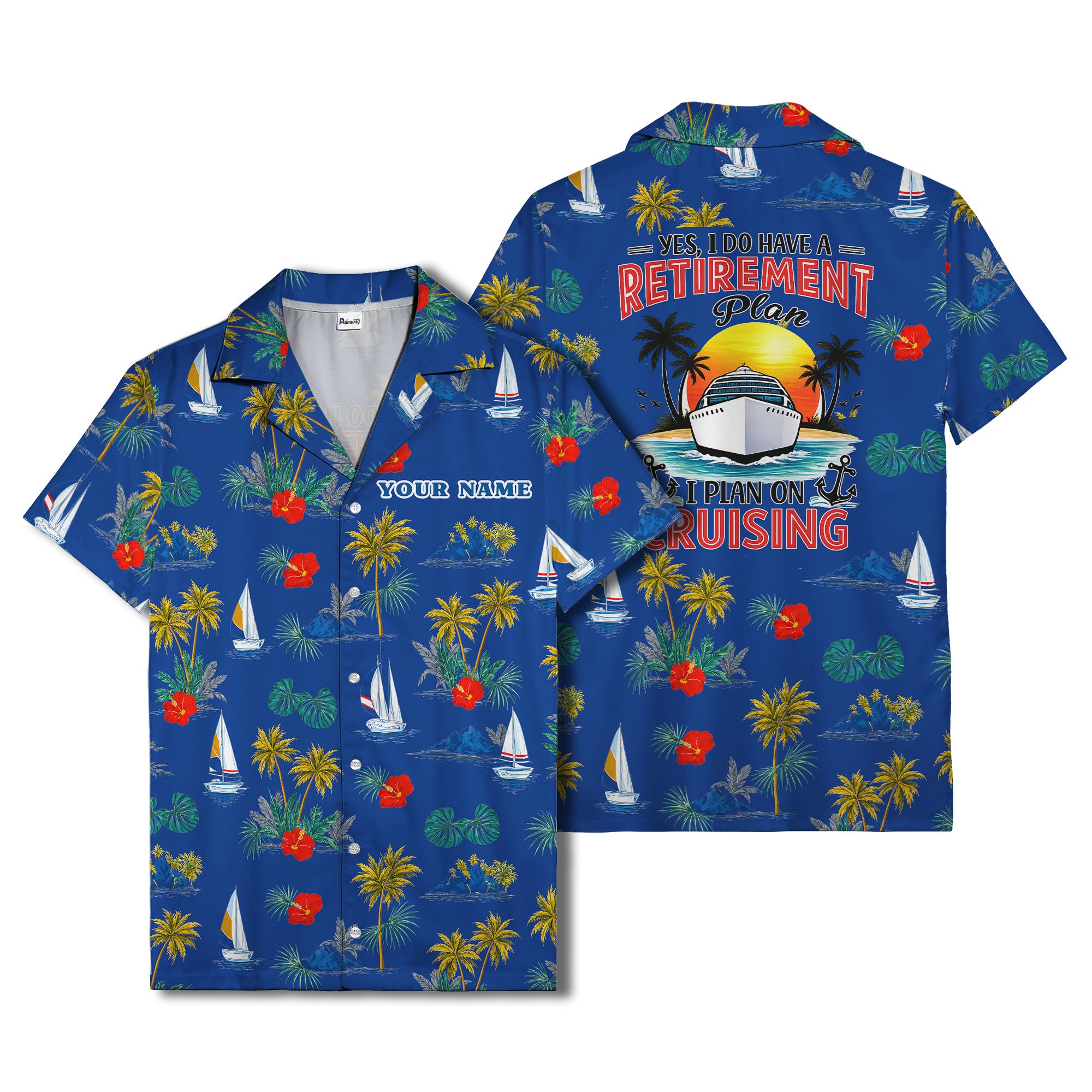 palm trees sailboats hibiscus island paradise hawaiian shirt