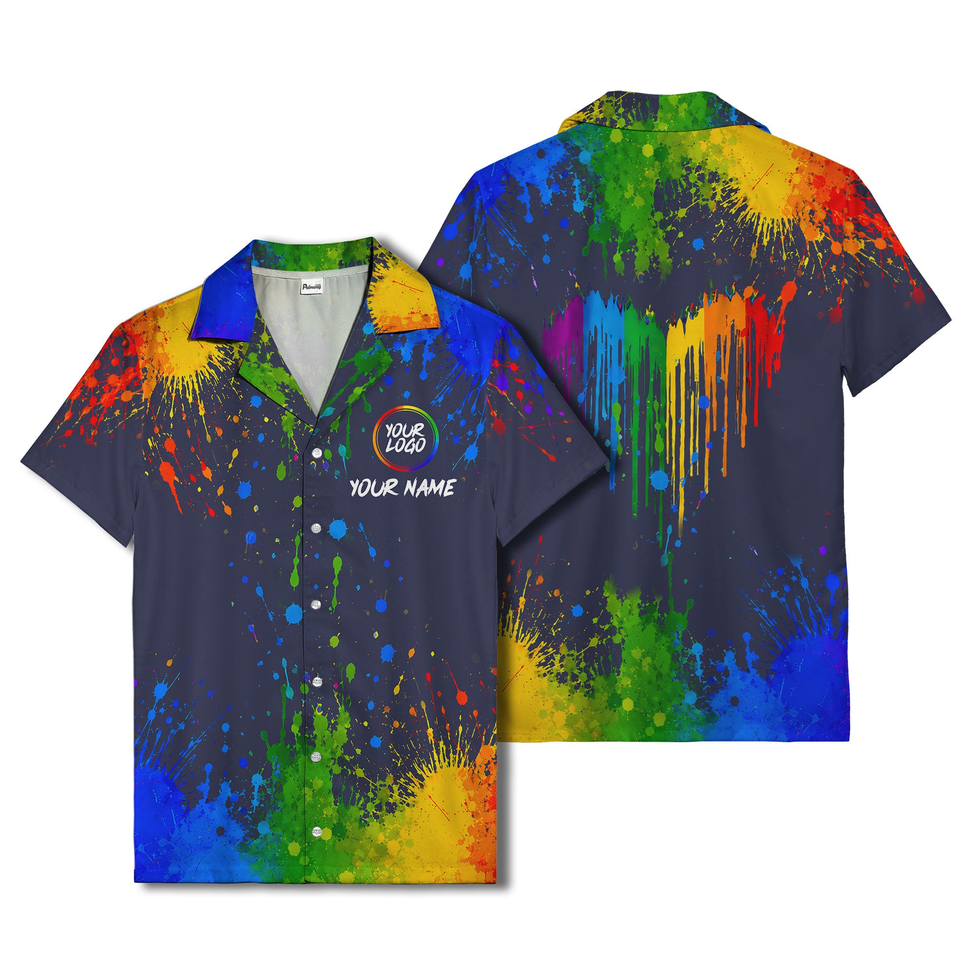 rainbow paint splatter abstract art hawaiian shirt with customizable name