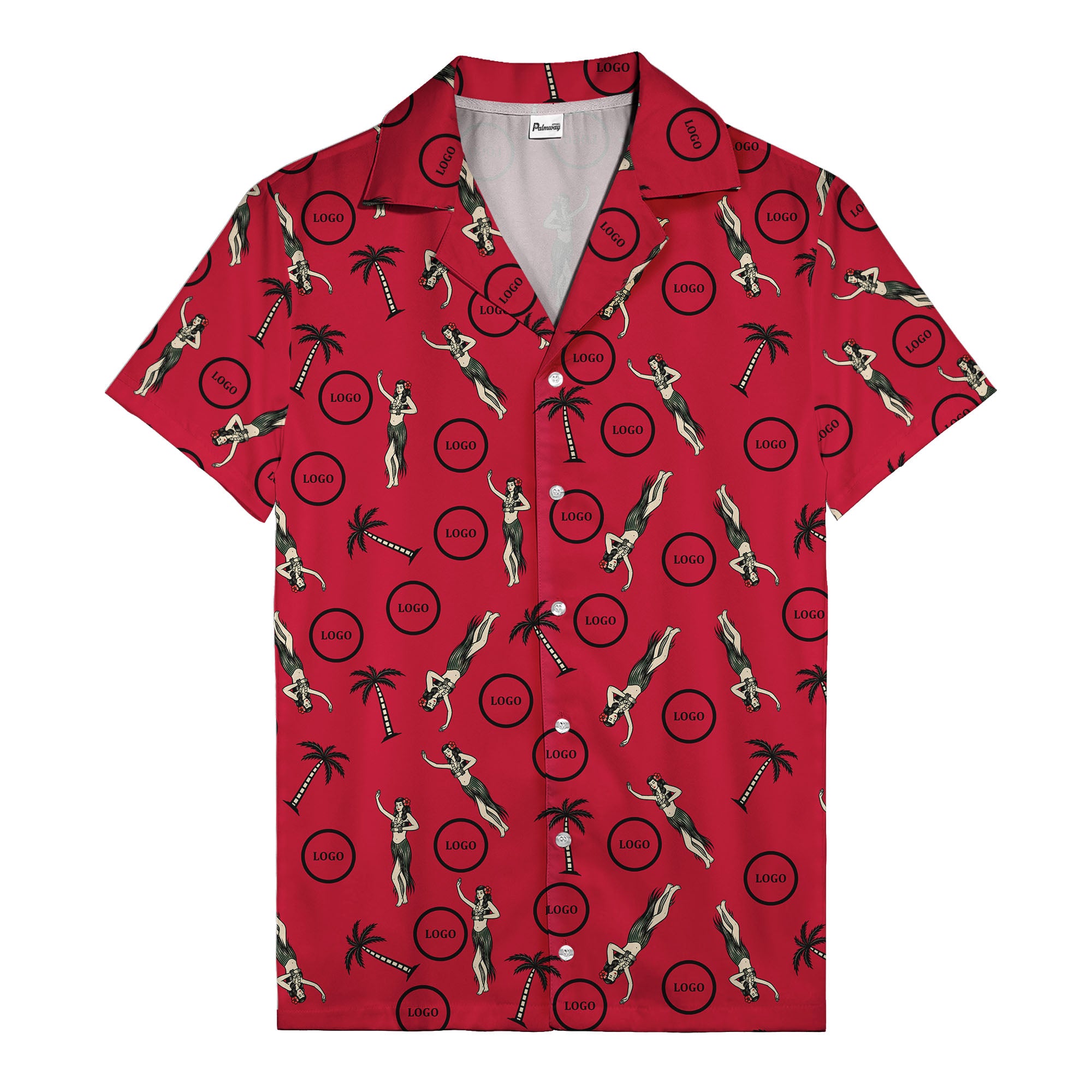 vintage hula dancers palm trees circular logo black hawaiian shirt for men