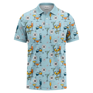 vintage illustrated martini & champagne glasses repeat polo shirt for men
