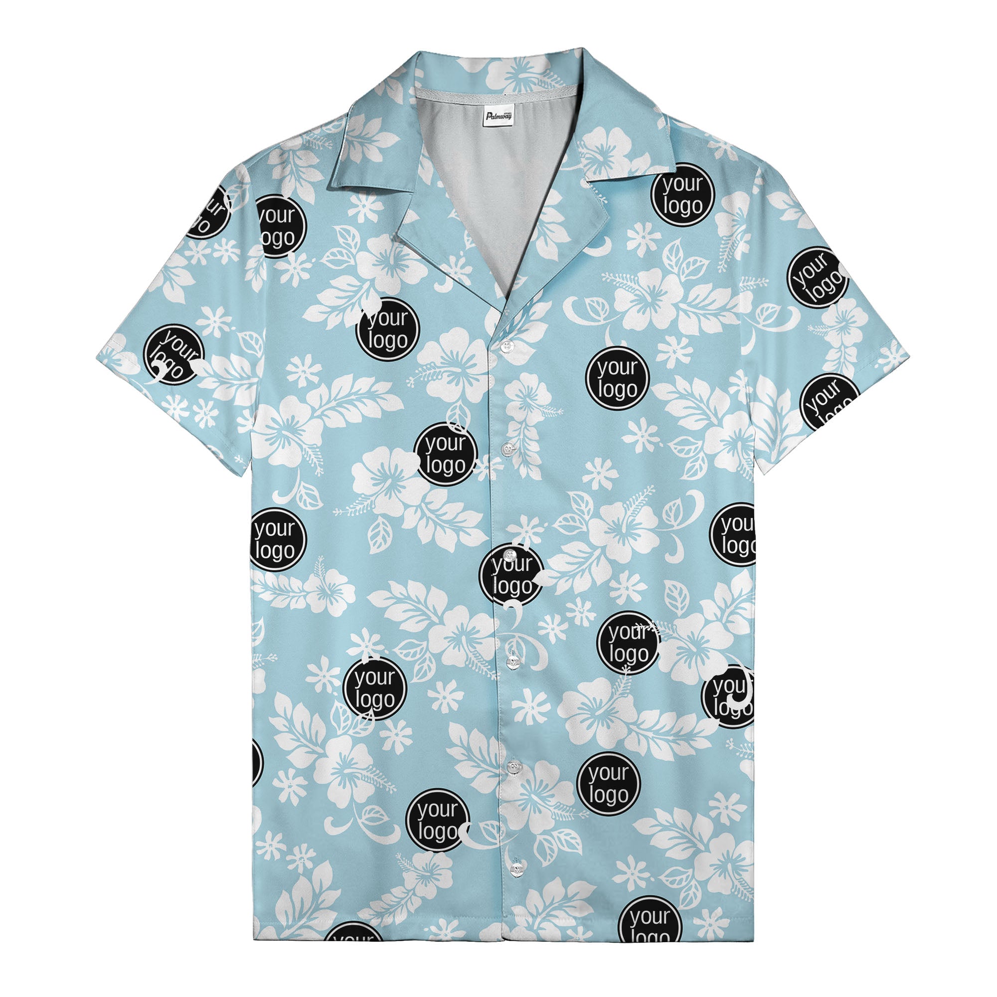 watercolor hibiscus blooms & custom logo navy blue hawaiian shirt
