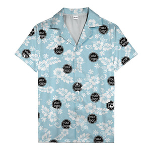 watercolor hibiscus blooms & custom logo navy blue hawaiian shirt