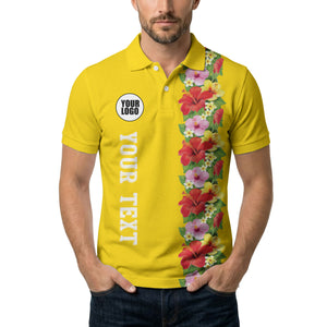 Tropical Floral Fiesta Red Pink Yellow Green Leaves Illustrated Summer Polo Shirt For Men
