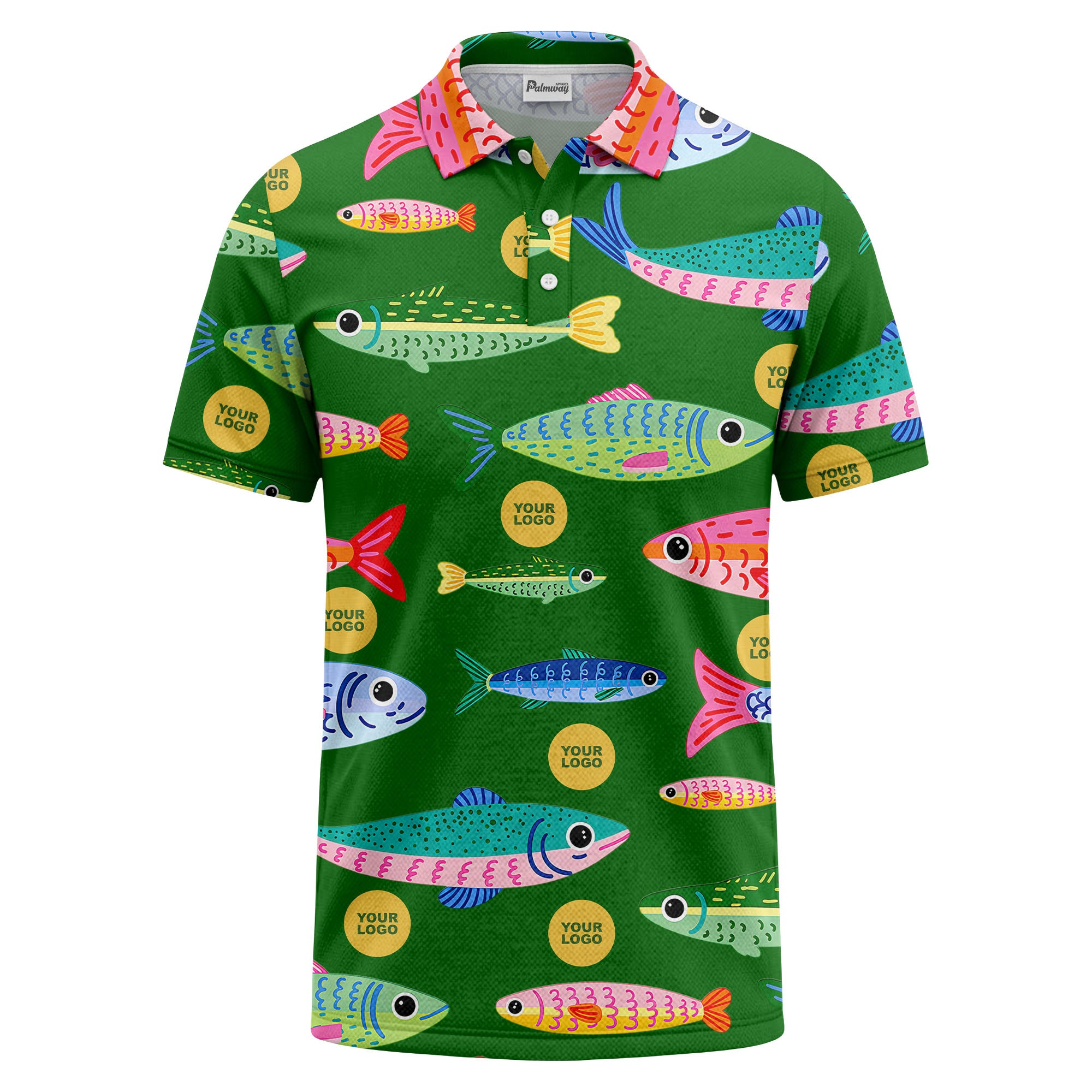 colorful cartoon fish & custom logo repeat all-over print polo shirt