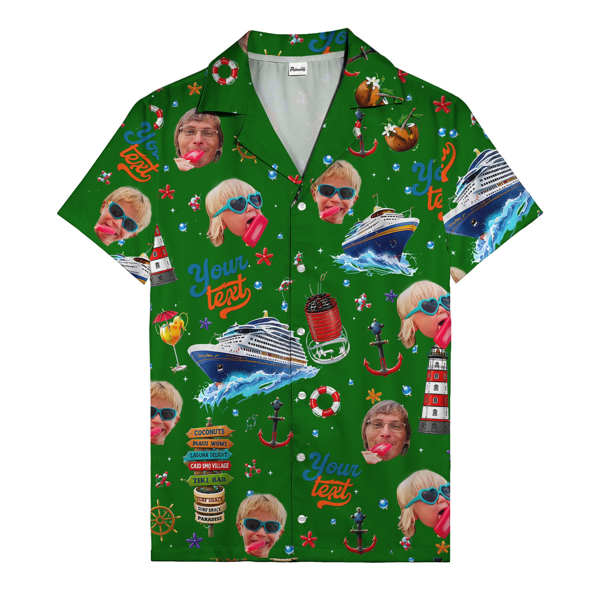 cruise ship faces & cocktail signs cartoon hawaiian shirt
