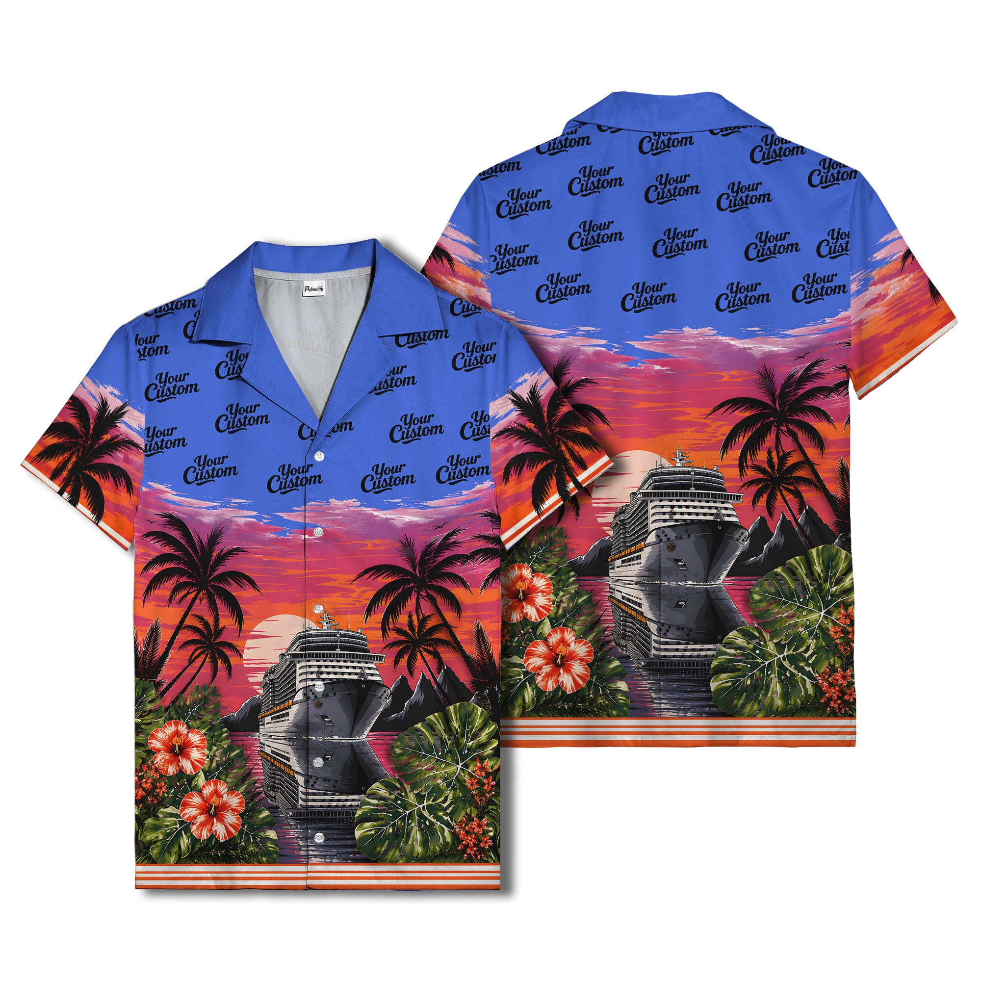 cruise ship sunset palm trees hibiscus flowers hawaiian shirt for men