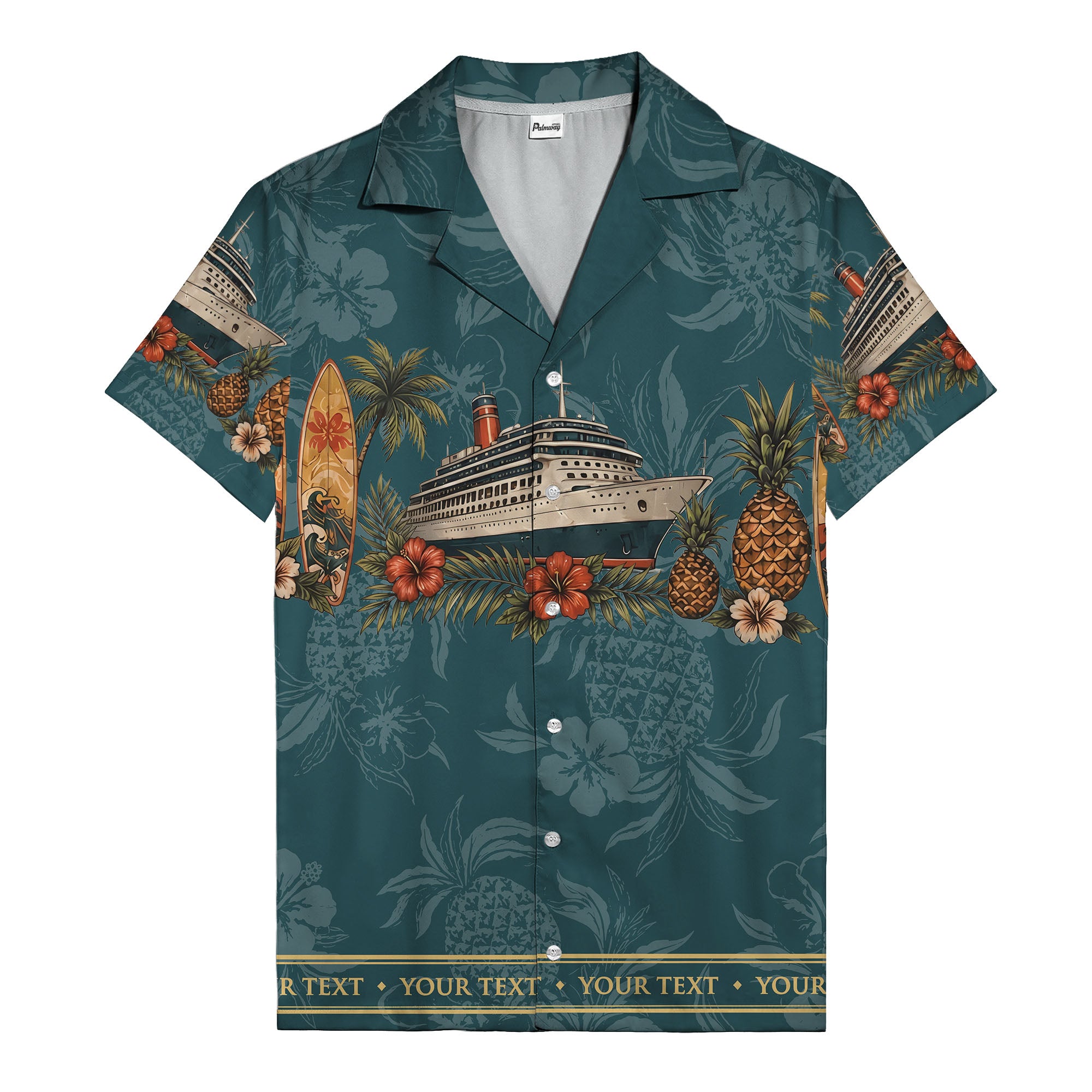 cruise ship surfboard pineapple palm hibiscus hawaiian shirt