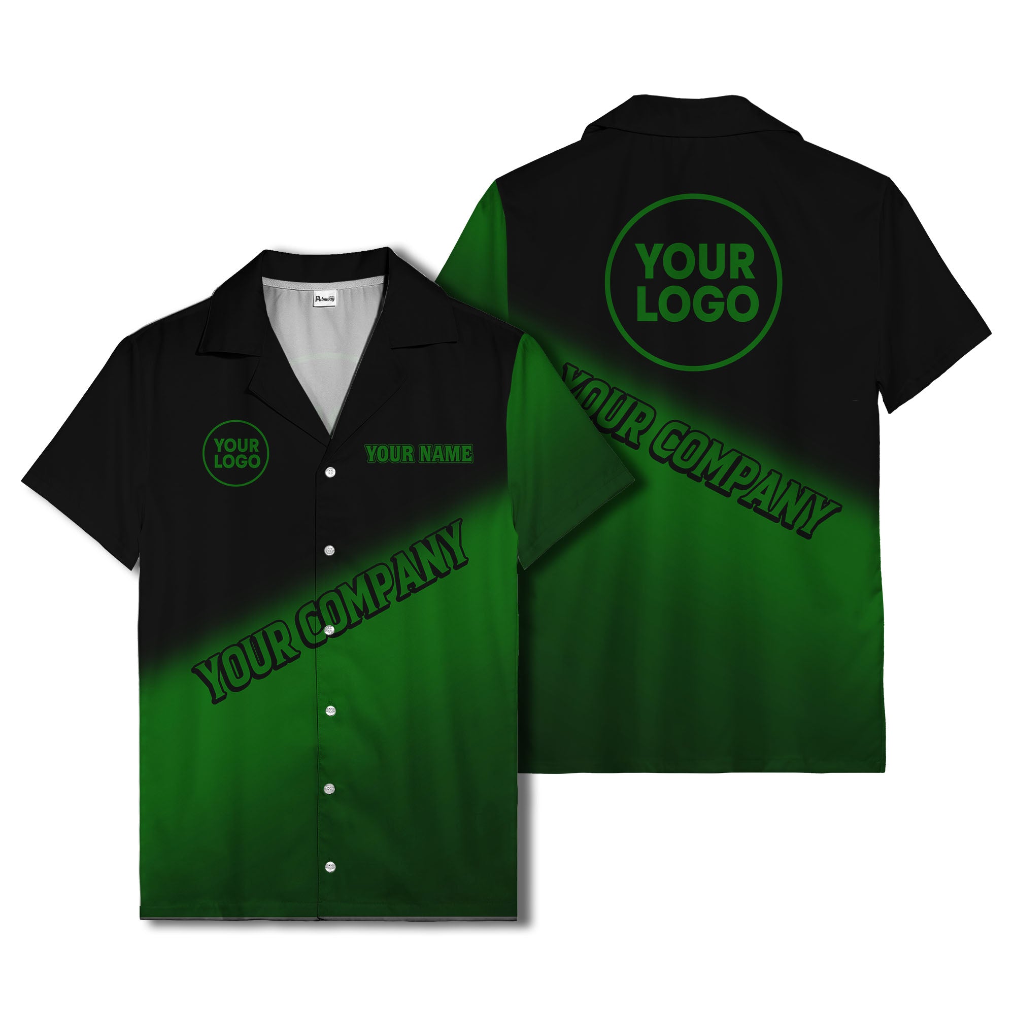 custom logo gradient black white corporate hawaiian shirt