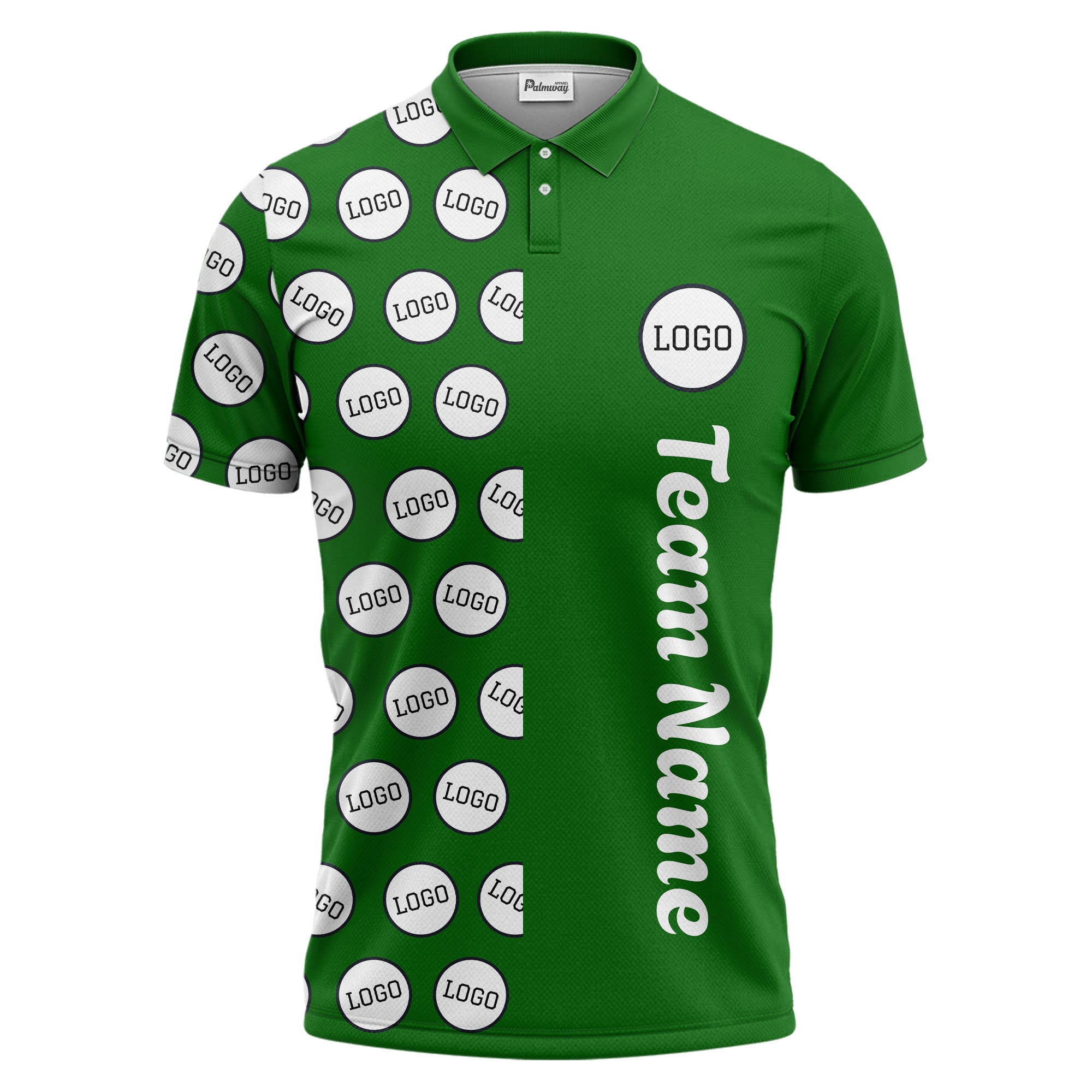 custom team logo polka dot repeat black & white polo shirt for men