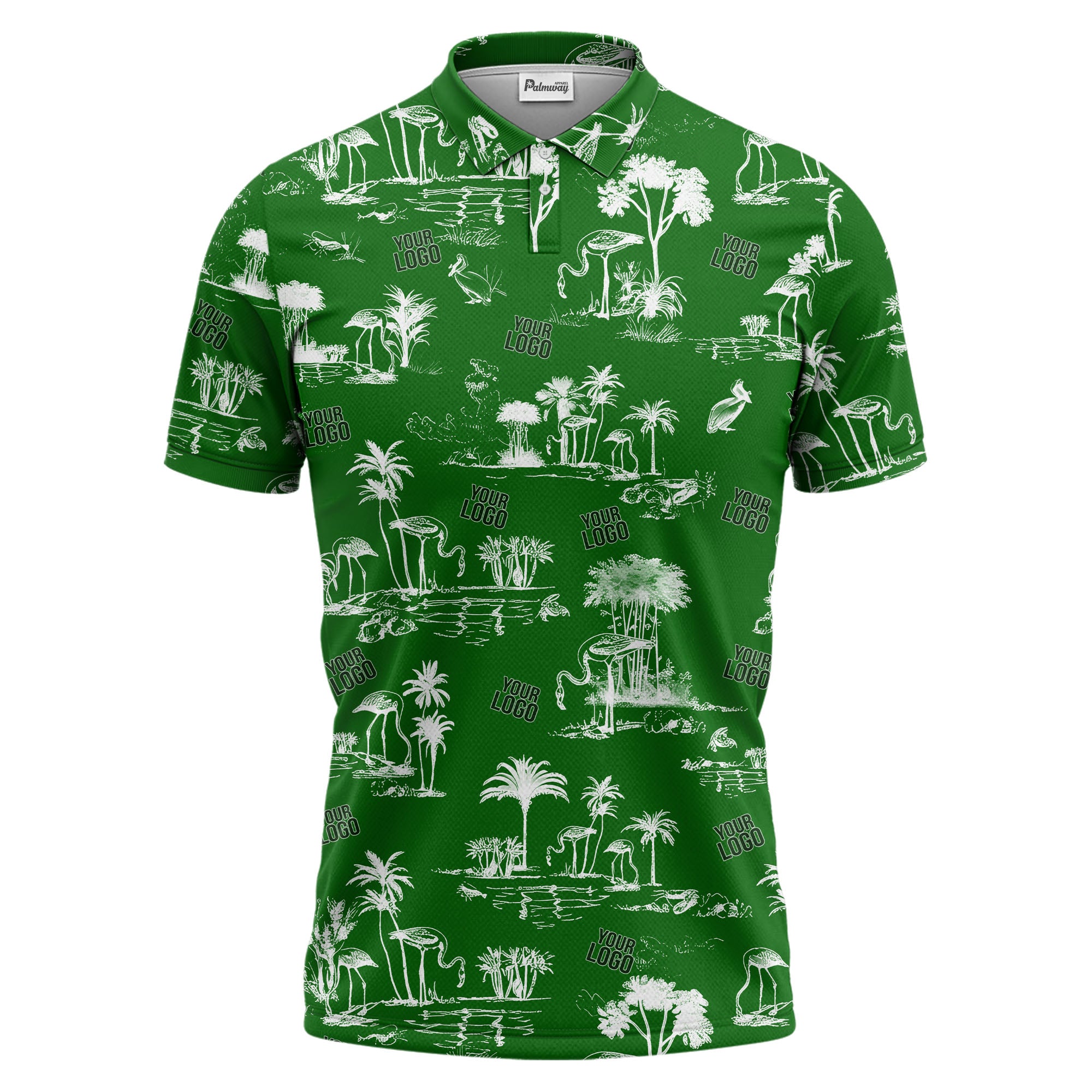 flamingo oasis palm trees sketch pattern black white polo shirt for men