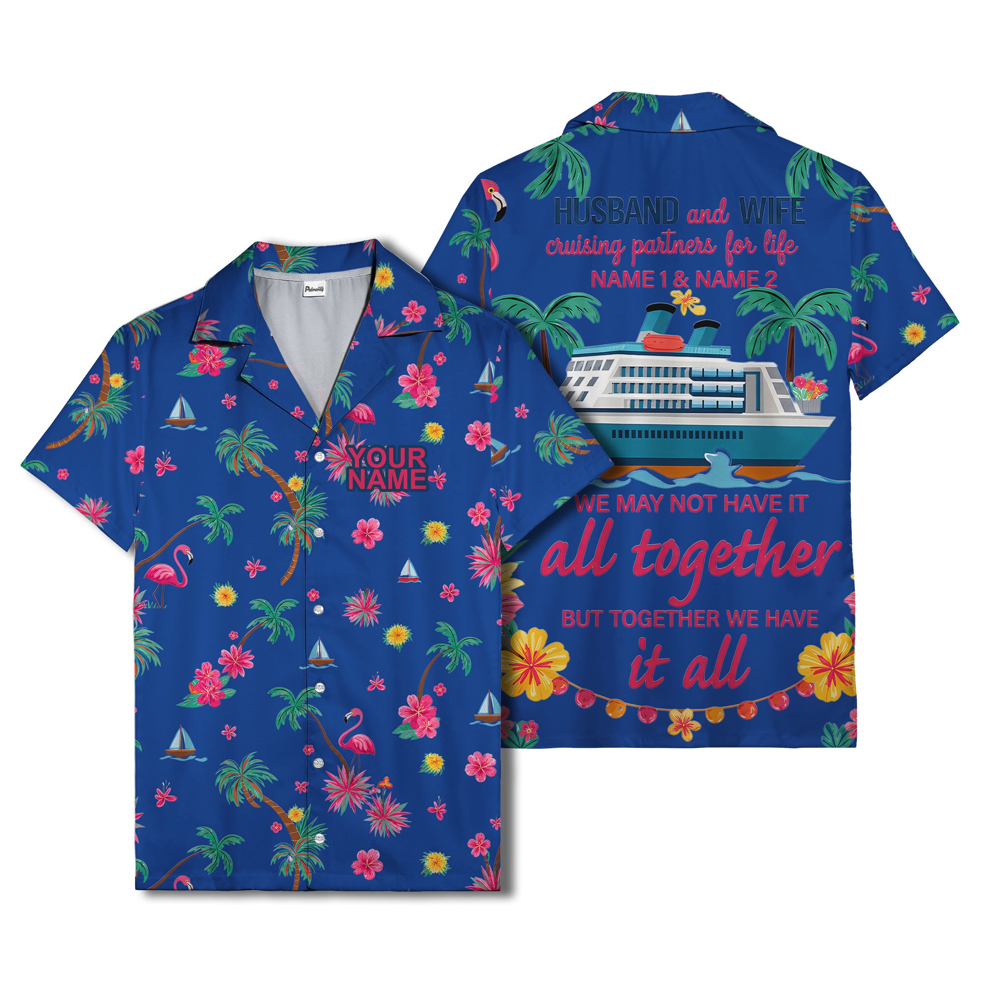 flamingo sailboat hibiscus palm watercolor hawaiian shirt