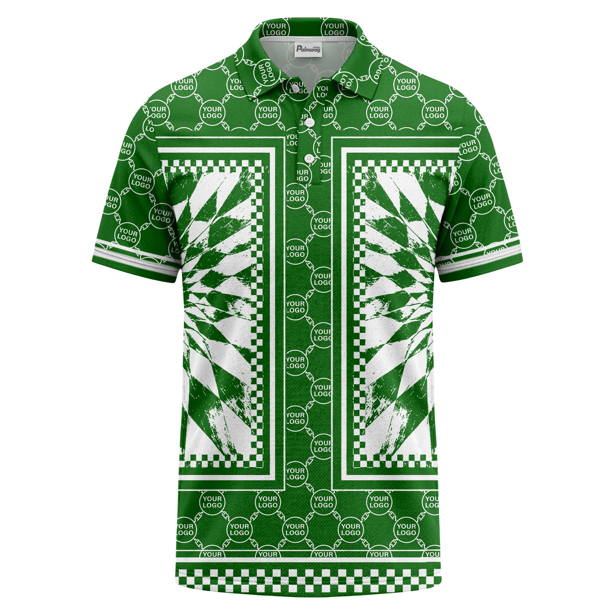 geometric palm leaves checkerboard border polo shirt