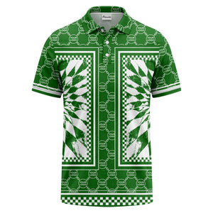 geometric palm leaves checkerboard border polo shirt