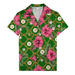 gold chain & pink hibiscus watercolor hawaiian shirt for men