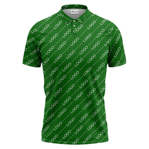 gold custom logo repeat pattern on black luxury minimalist polo shirt