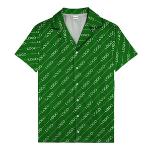 gold diagonal logo repeat pattern on black hawaiian shirt for men